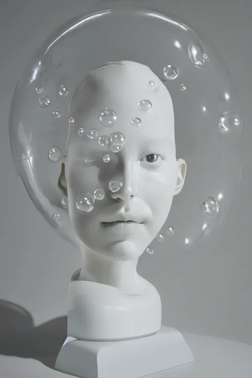 Image similar to full head and shoulders, beautiful female white, porcelain sculpture, with huge perspex bubbles attached to head, by daniel arsham and james jean, on a white background, delicate facial features, white eyes, white lashes