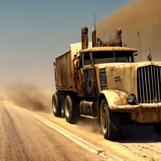 Image similar to t 6 6 0 tractor trailer truck in mad max : fury road, midday light, dust storm,