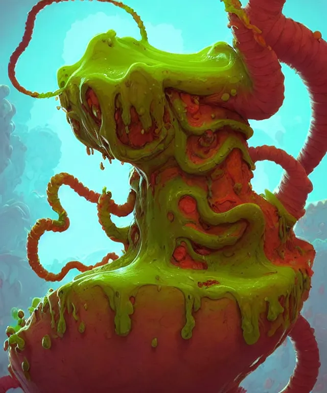 Image similar to an ooze slime creature in a dr seuss artstyle, adorable and whimsical, fantasy, elegant, crisp 8 k line work, rim light, digital painting, artstation, unreal engine, octane render, concept art, matte, sharp focus, illustration, art by james jean and justin gerard and josan gonzalez