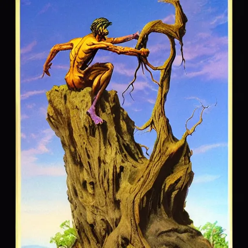 Prompt: a creature sitting on a twisted tree on a rocky outcrop, by boris vallejo and frank frazetta