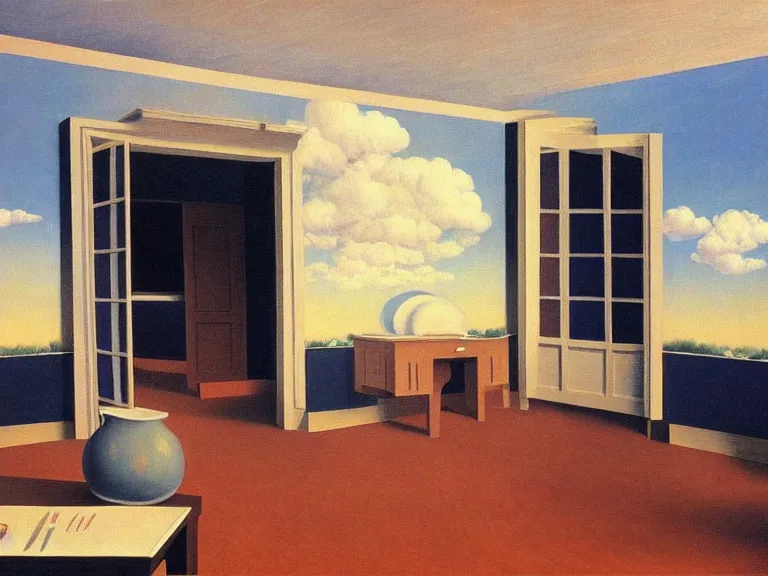 Prompt: room with clouds wallpapers on the walls, painting by rene magritte, centered, high detail, high resolution