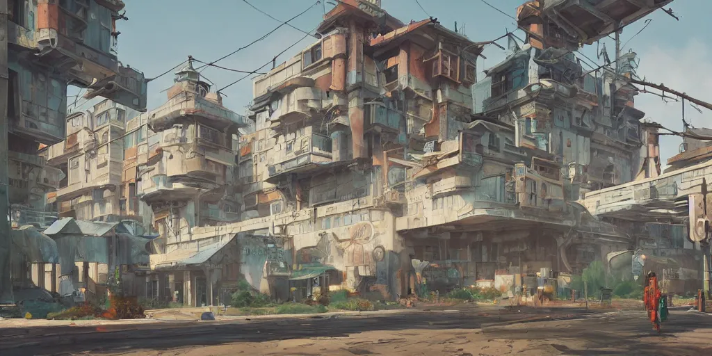 Prompt: stylized, exterior, architecture, in watercolor gouache detailed paintings, arcane, insanely detail, artstation, 8 k, futuristic, big medium small, simon stalenhag, props, furniture and decor, octane render, cinematic, screenshot, painting paint painted