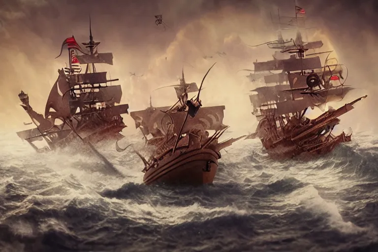 Image similar to epic pirate ship cannon battle in a storm, in the style of vernon grant and chris van allsburg, trending on artstation, bright tilt - shift camcorder effect, photoshop, retrowave, hyperrealism, octane, sharp focus, masterpiece