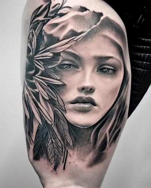 Image similar to tattoo design sketch of a beautiful woman face faded in a background of beautiful mountains and nature on her side, hyper - realistic, in the style of den yakovlev, amazing detail, black and white