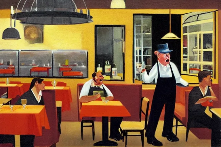 Image similar to a grumpy busser in a restaurant yells at the owner, art by dean macadam