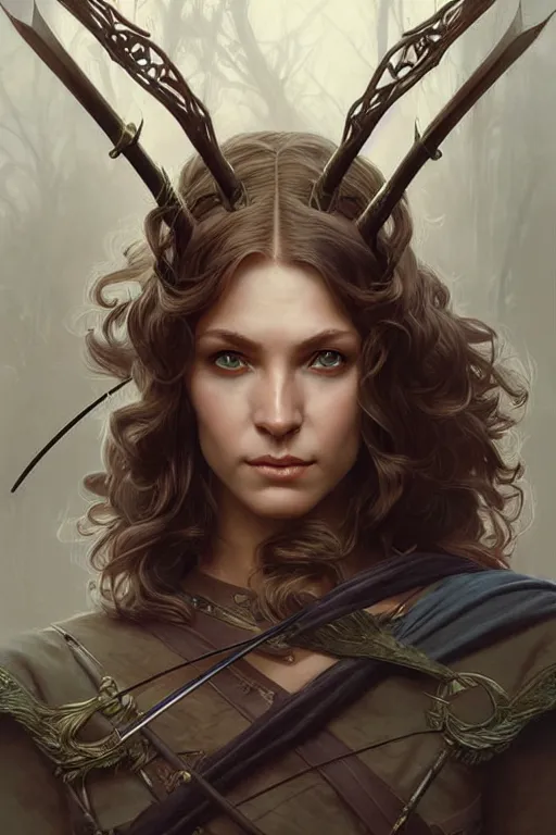 Image similar to portrait of a wise elven archer, dark, piercing eyes, gentle expression, elegant clothing, photorealistic, highly detailed, artstation, smooth, sharp focus, art by michael whelan, artgerm, greg rutkowski and alphonse mucha