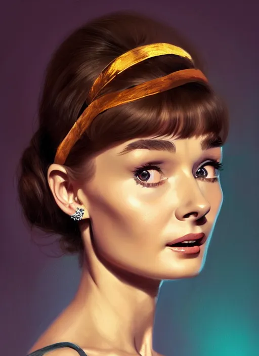 Image similar to portrait of young audrey hepburn with bangs, 1 9 7 0 s, long hair, groovy hairband, bangs, intricate, elegant, glowing lights, highly detailed, digital painting, artstation, concept art, smooth, sharp focus, illustration, art by wlop, mars ravelo and greg rutkowski