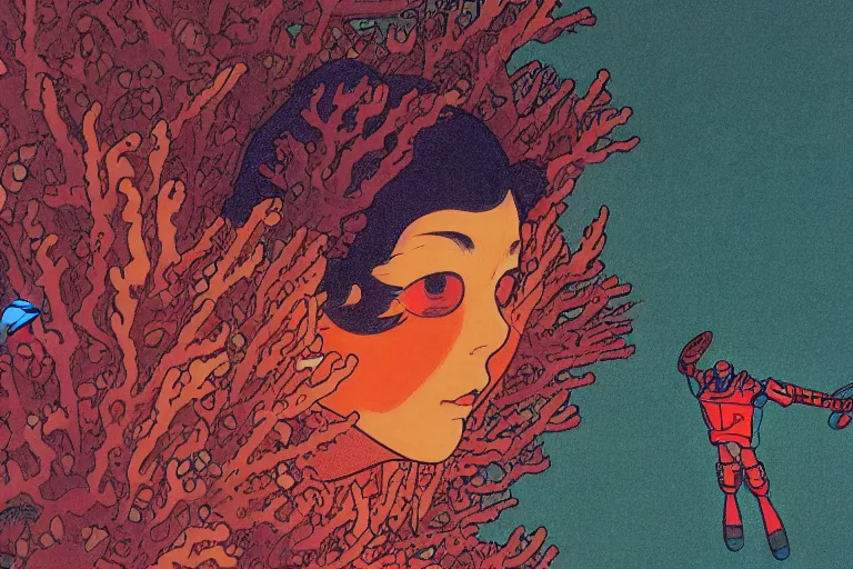 Image similar to risograph grainy drawing vintage sci - fi, satoshi kon color palette, gigantic gundam full - body covered in dead coral reef, 1 9 8 0, kodachrome, natural colors, comicbook spreadsheet, codex seraphinianus painting by moebius and satoshi kon and dirk dzimirsky close - up portrait