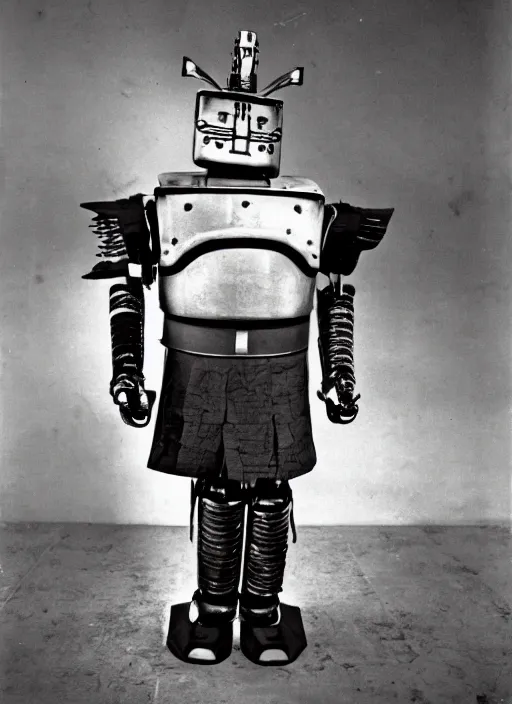 Prompt: old photo of robot samurai by akira kurosawa