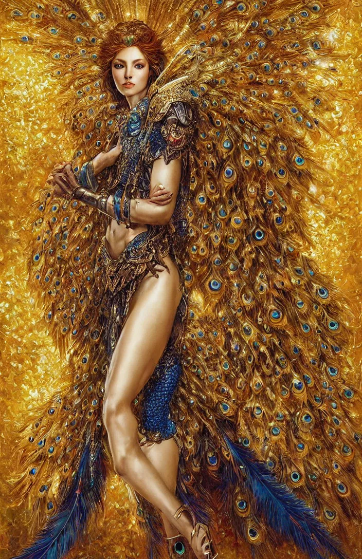 Prompt: beautiful full body archangel Gabriel with peacock feathers, one body only, golden armor, shining light, gems, god rays by Karol Bak, Ayami Kojima, Amano