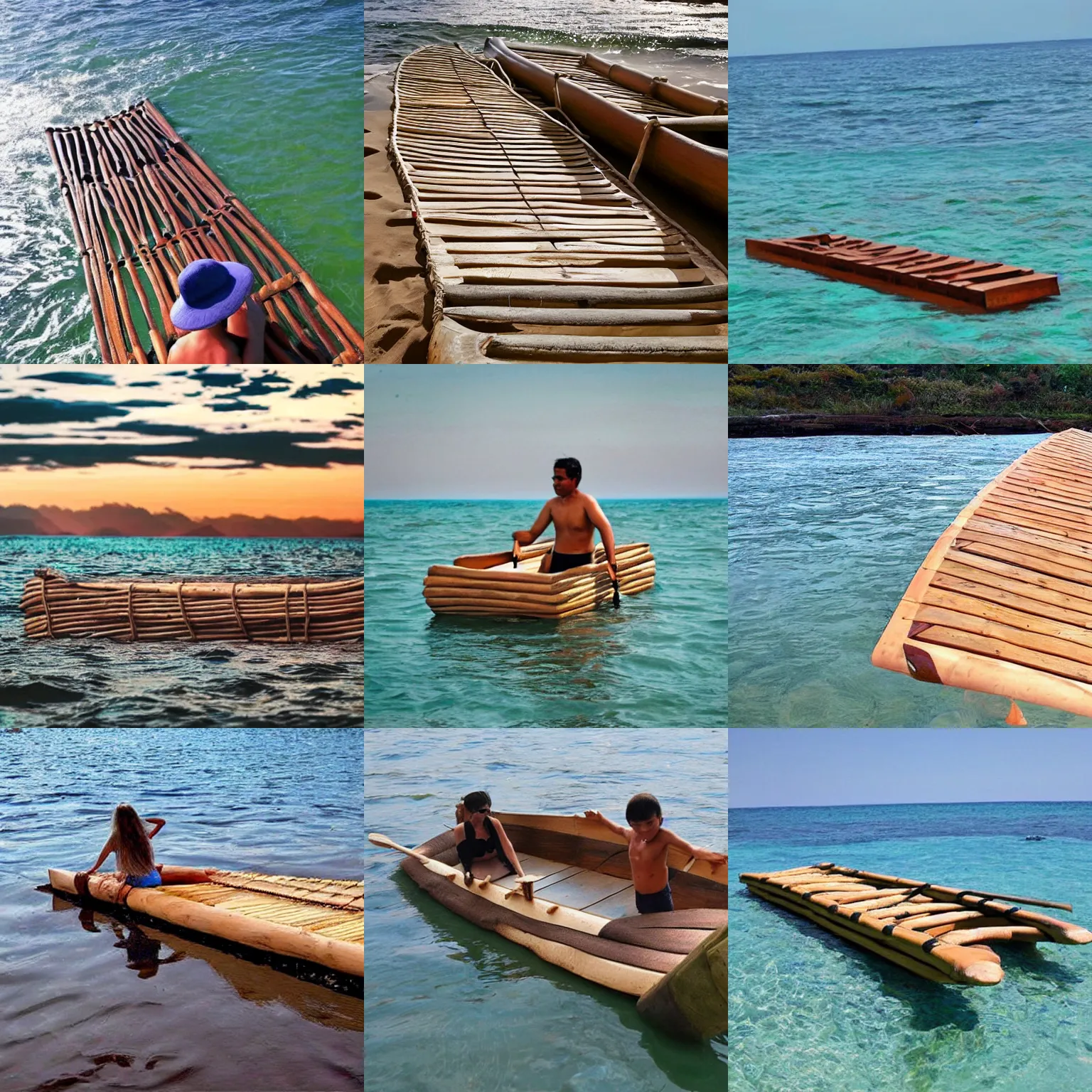 Prompt: a homemade wooden raft in the ocean