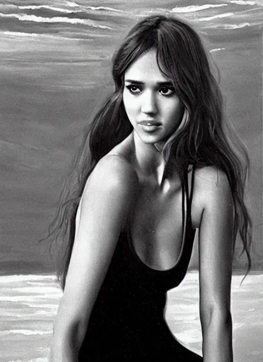 Prompt: vintage film still from Italy in 1971 Greek goddess Jessica Alba as a 20 year old dressed in a black tank-top is staring in amusement at you. soft detailed painting at 16K resolution and amazingly epic visuals. epically beautiful image. amazing effect, image looks gorgeously crisp as far as it's visual fidelity goes, absolutely outstanding. vivid clarity. ultra detail. iridescent. mind-breaking. mega-beautiful pencil shadowing. beautiful face. Ultra High Definition. soft shading. soft texture. intensely beautiful.