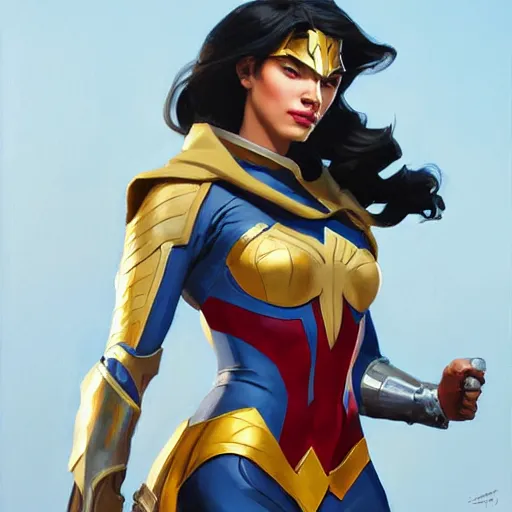 Prompt: greg manchess portrait painting of armored light wonderwoman as overwatch character, medium shot, asymmetrical, profile picture, organic painting, sunny day, matte painting, bold shapes, hard edges, street art, trending on artstation, by huang guangjian and gil elvgren and sachin teng