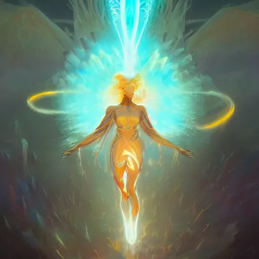 Prompt: angel made of electricity flying in the sky in the style of peter mohrbacher ; humans being devoured ; aliens, robotic machines, gods, bio - mechanical intelligences, glitch creatures, dmt entity ; lsd art, trending on artstation, style greg rutkowski