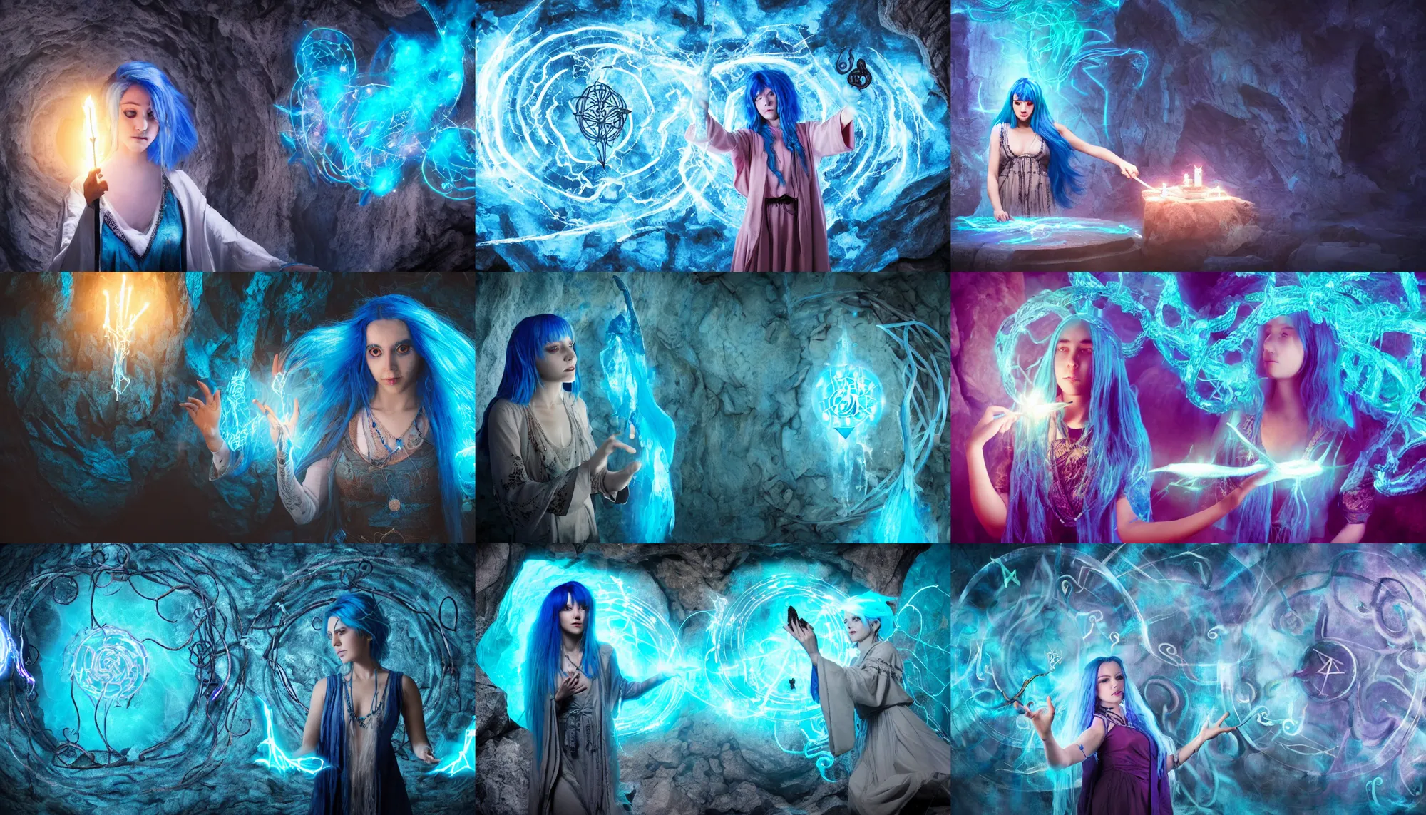 Prompt: blue haired female casting a spell, floating sigils, floating runes, floating spellbook, flowing robes, in a cave with crystals on the walls, electric vines and swirls, fantasy, cinematic composition, dramatic lighting, trending, 8 k hd