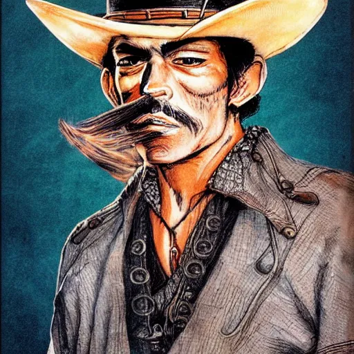 Prompt: mexican vaquero, yoshitaka amano character design, spaghetti western