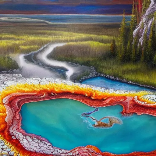 Image similar to highly detailed oil painting of a dragon resting in a colorful hotspring at yellowstone national park, featured on artstation