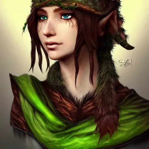 Image similar to elf druid with messy brown hair, green cloak, character art, trending on artstation,