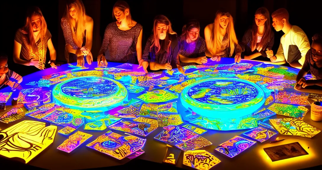 Image similar to creativity, 13 diverse creatives on one_side of a reflective !creativity table, inticrate detailed glowing ideas, highly detailed, dramatic lighting, fine details, high details, beautiful lighting