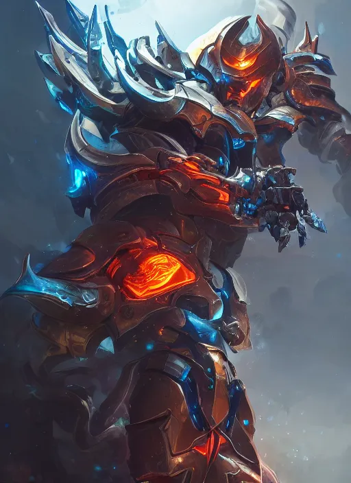 Image similar to a highly detailed illustration of cyber mechanical paladin with flaming plume, with arm blades, with light cracks throughout armor, dramatic charging pose, intricate, elegant, highly detailed, centered, digital painting, artstation, concept art, smooth, sharp focus, league of legends concept art, WLOP