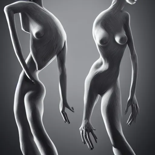 Prompt: Two elegant humanoid creatures leaning against each other with their backs touching, fused at the shoulders, dancing on their pointy limbs. Award-winning digital art, trending on ArtStation