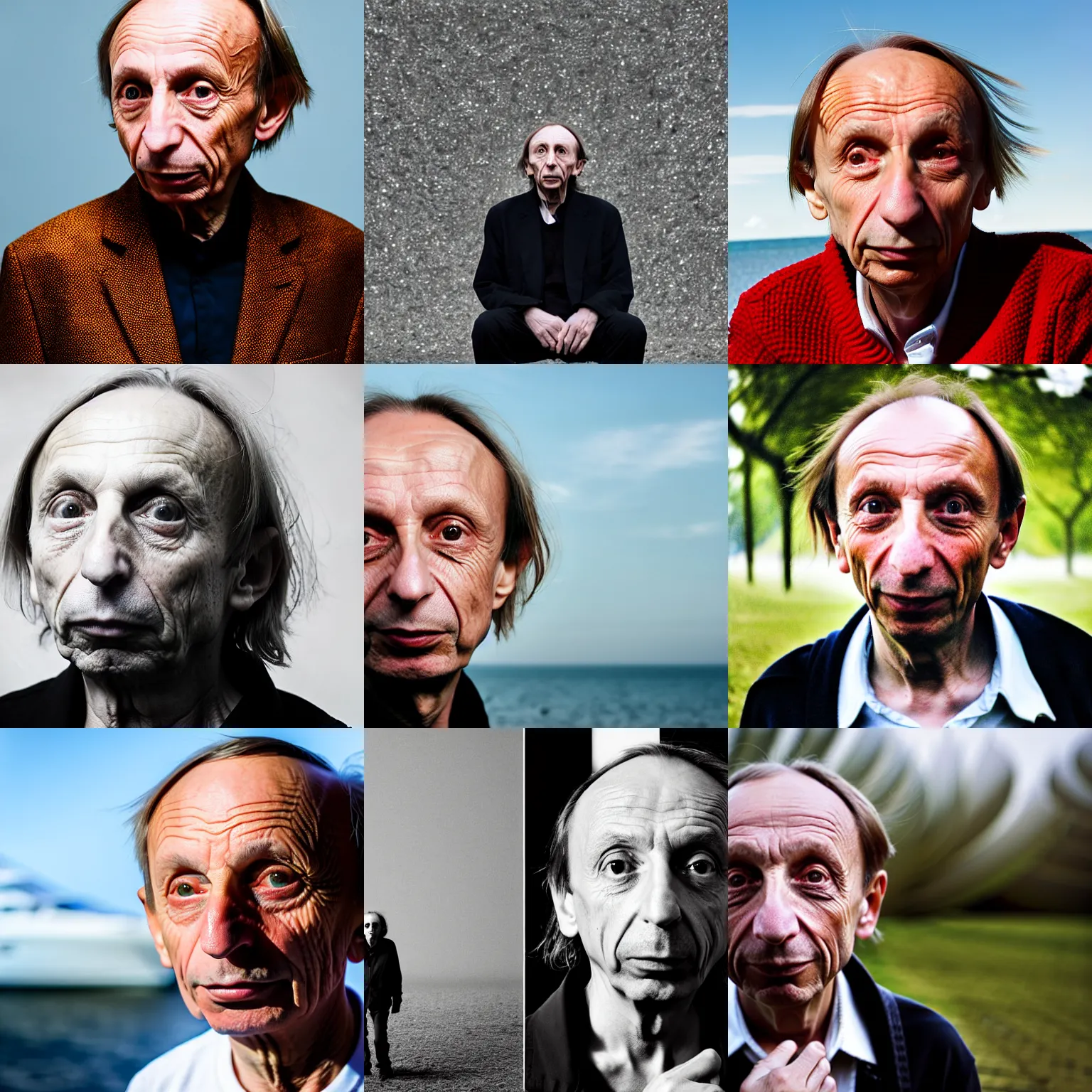 Prompt: a close up portrait of michel houellebecq with background scenery by juergen teller, iris van herpen rankin, ring - flash