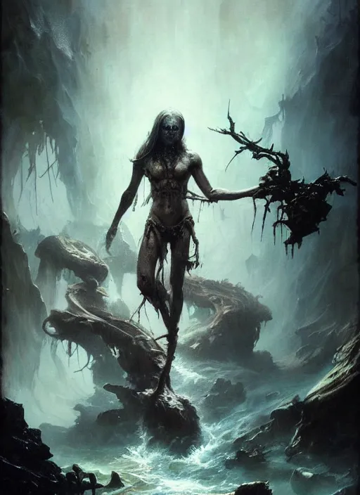 Image similar to shackled in styx river of the underworld, frank frank frazetta and cgsociety, stunning sasquatch, blood splatters, charlie bowater and tom bagshaw, insanely detailed, deviantart, space art, atoms surrounded by skulls, death, and spirits flying, water fall, horror, sci - fi, surrealist painting, by peter mohrbacher