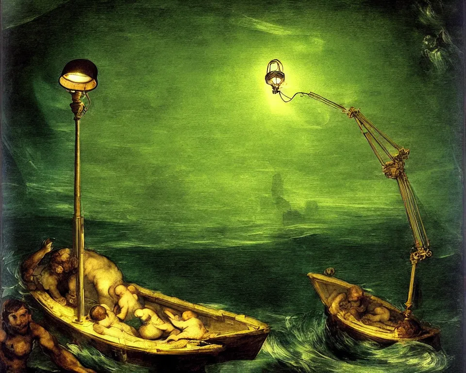 Prompt: a green pixar lamp on the bottom of the ocean by Raphael, Goya, and Tintoretto. detailed, trending on artstation.