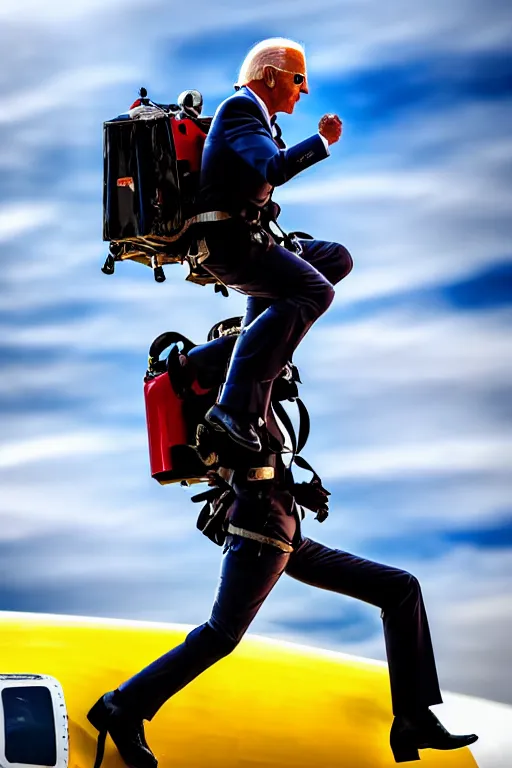 Image similar to joe biden flying with jet pack, hdr, masterpiece, photorealistic, cinematic, smooth, 4 k, aesthetic lighting, baroque object, sharp focus, hyperdetailed, featured face details, tumblr trending, with small object details, winning pullitzer award photo by : canon eos 5 d mark iv, by karah mew and adnan abidi and jodie bateman