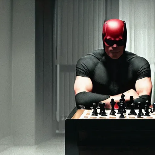 Image similar to daredevil pondering in front of a chess table, marvel movie