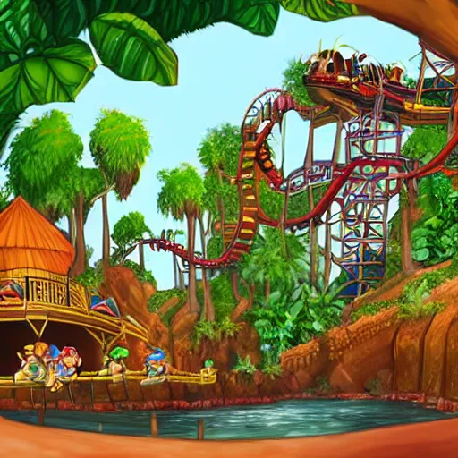 Prompt: digital concept art of donkey kong country theme park