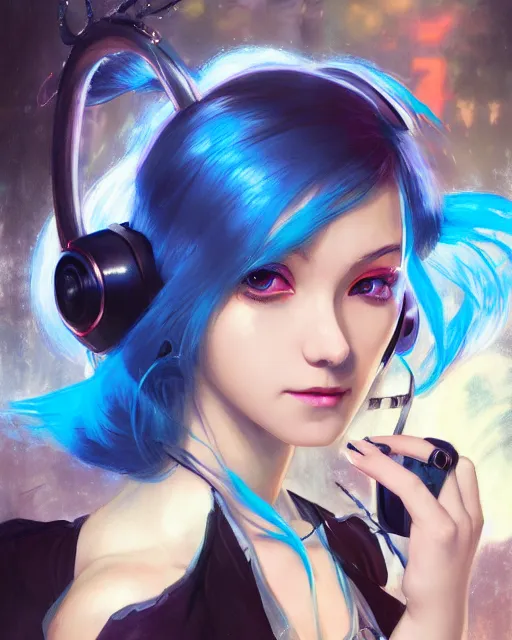 Image similar to pretty girl djing at a rave, blue hair, rem rezero, sharp focus, digital painting, 8 k, concept art, art by wlop, artgerm, greg rutkowski and alphonse mucha