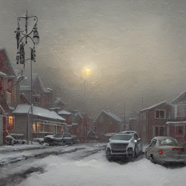 Prompt: a beautiful painting of a small new england town engulfed in a noreaster blizzard by rutkowski and rockwell, white out blizzard, horror concept art, detailed, art gallery quality, cinematic lighting