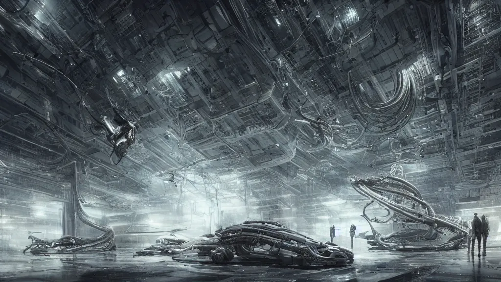 Image similar to a Photorealistic dramatic hyperrealistic,hyper detailed render of an Epic Sci-Fi, Gigantic Alien xenomorph spaceship inside huge interior hangar,intricate bio mechanical surface details in a top secret research facility,many tubes and cables hanging from the ceiling by Greg Rutkowski,Nicolas Bouvier,Sparth,ILM,Beautiful dynamic dramatic very dark moody contrast warm and cold lighting,Volumetric,Cinematic Atmosphere,Octane Render,Artstation,8k