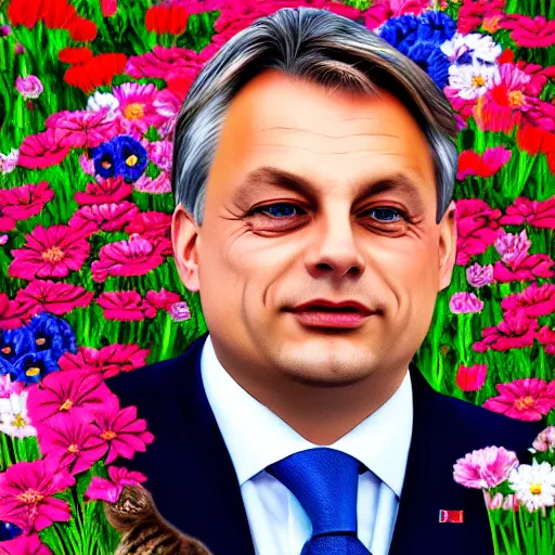 Image similar to hungarian prime minister orban viktor laying on a field of flowers, surrounded by cute kittens, highly detailed illustration, hyper realistic, 4 k