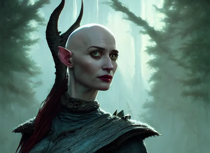 Image similar to highly detailed portrait of eva green as a bald tribal elf, in skyrim, stephen bliss, unreal engine, fantasy art by greg rutkowski, loish, rhads, ferdinand knab, makoto shinkai and lois van baarle, ilya kuvshinov, rossdraws, tom bagshaw, global illumination, radiant light, detailed and intricate environment