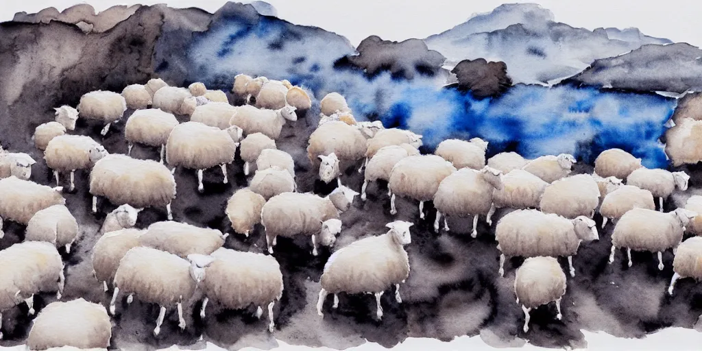 Prompt: hundreds of white sheep running towards a cliff and falling down to the rocks below and one black sheep going against the crowd, watercolor sketching, wide shot