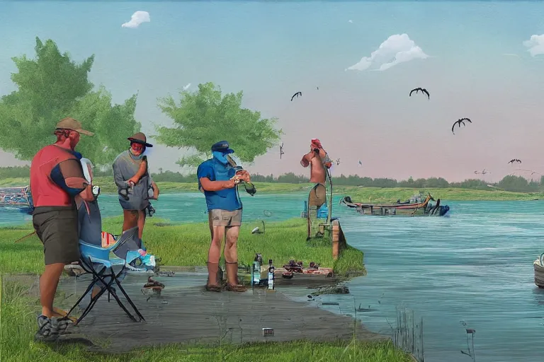 Image similar to mid - thirties guys binge drinking and fishing in front of a lake, in the style of simon stalenhag