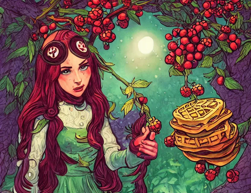 Prompt: berry priestess of the waffle mountains. gouache by award - winning comic book artist, chiaroscuro, intricate details, bokeh, backlighting, field of depth, safe for work