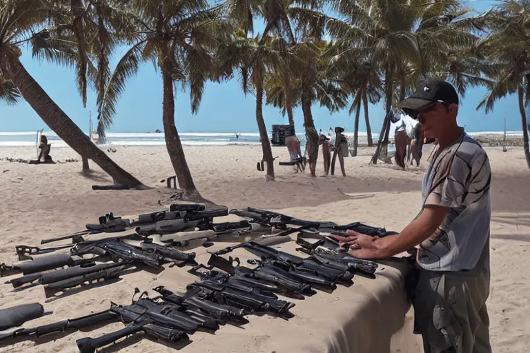 Image similar to photograhy of a guy selling guns in the beach, 4k