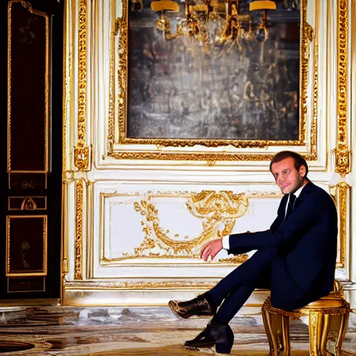 Image similar to emmanuel macron is sitting on the golden loo, detailed photography, 5 0 mm lens,