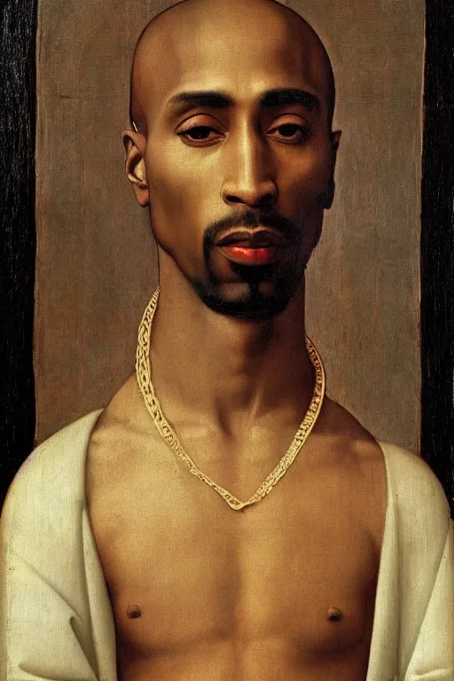 Image similar to A Renaissance portrait painting of Tupac Shakur by Giovanni Bellini and Leonardo da Vinci