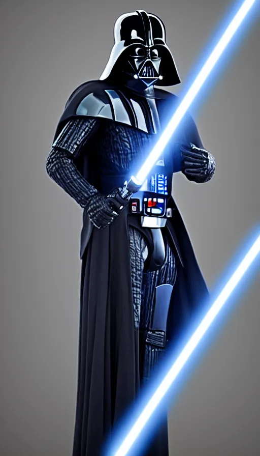 Image similar to A dark blue colored Darth Vader suit, movie accurate, holding a blue lightsaber, realism, 4k, dark background with studio lighting, 3d,