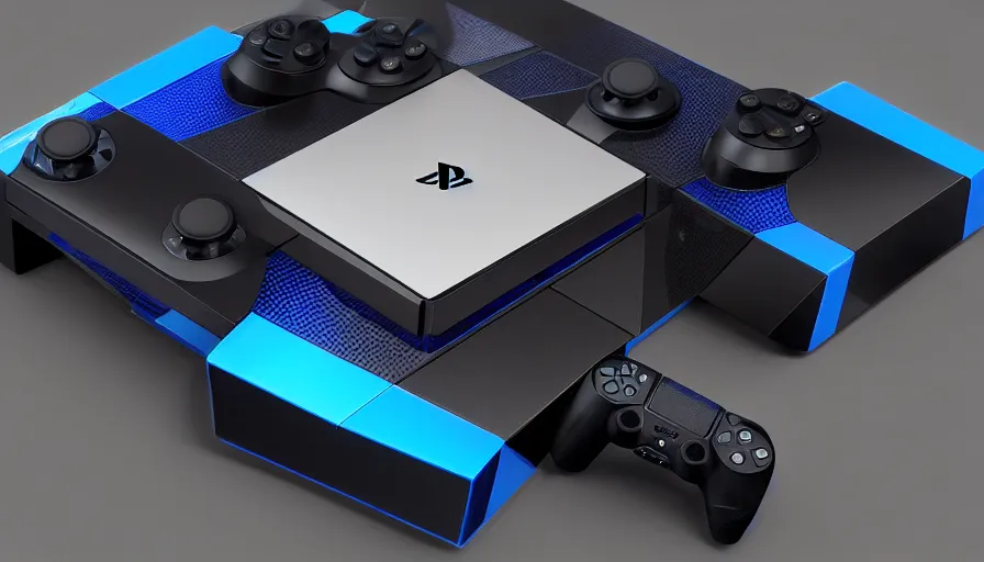 Image similar to playstation 6, black and blue game console, square, hyperdetailed, artstation, cgsociety, 8 k