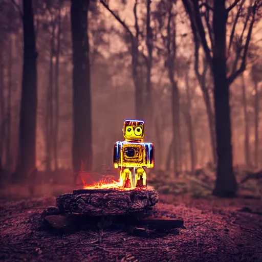 Image similar to translucent robot sitting by a fire in the woods at night, whimsical, award winning photograph, sigma 8 5 mm f / 8, hyper - realistic