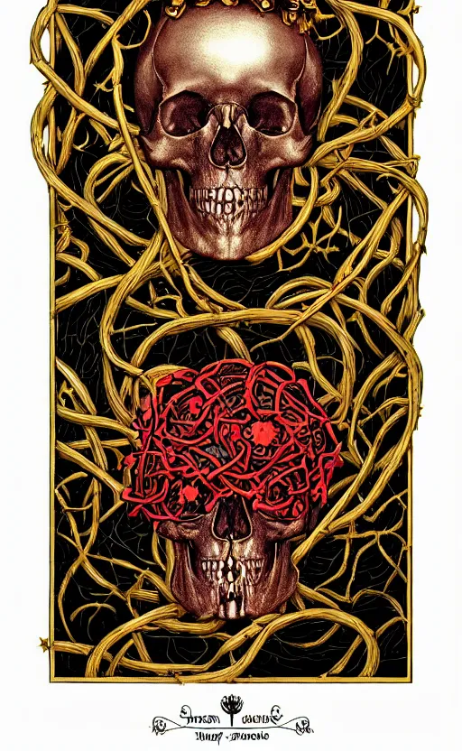 Prompt: tarot card of human skull wrapped in vines + black paper + elements + red + gold + neon + baroque + rococo + white + orange + ink + tarot card with ornate border frame + marc simonetti, paul pope, peter mohrbacher, detailed, intricate ink illustration