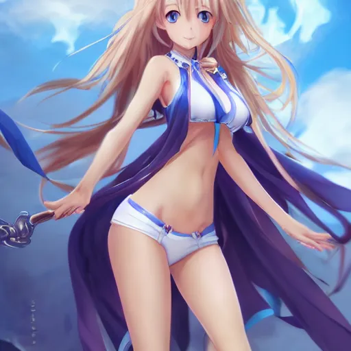 Image similar to a very beautiful mature yuuki asuna, full body, long wavy blond hair, sky blue eyes, full round face, bikini, miniskirt, front view, mid - shot, cute pose, highly detailed, cinematic wallpaper by stanley artgerm lau