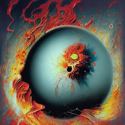 Image similar to a sphere being devoured by abstract splatters of paint in the style of francis bacon, venus being engulfed in flames in the style of james jean, surreal, beksinski, high detailed