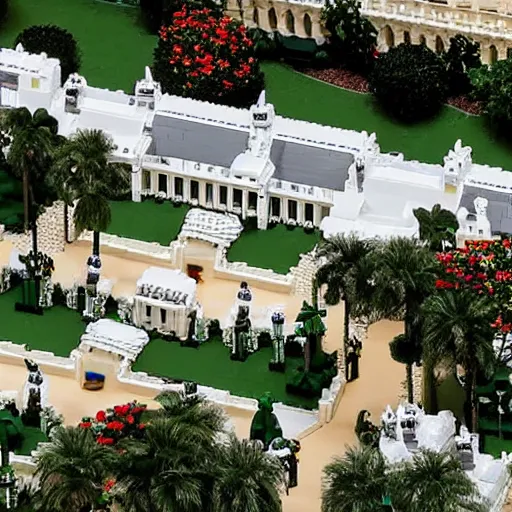 Image similar to mar - a - lago lego!!!!!! set, fbi!!!!!!!! agents on the lawn, raid, tilt shift photography