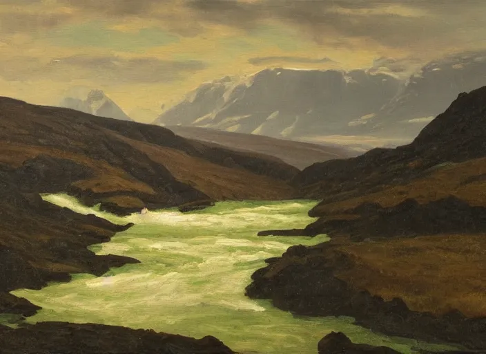 Prompt: vatnajokull national park, iceland in the style of hudson river school of art, oil on canvas